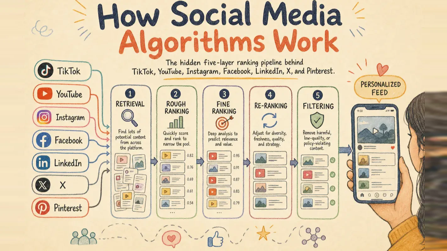 Five-layer social media algorithm pipeline across seven platforms