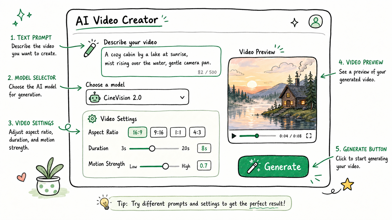 PixVerse creation interface with prompt, model, and video settings