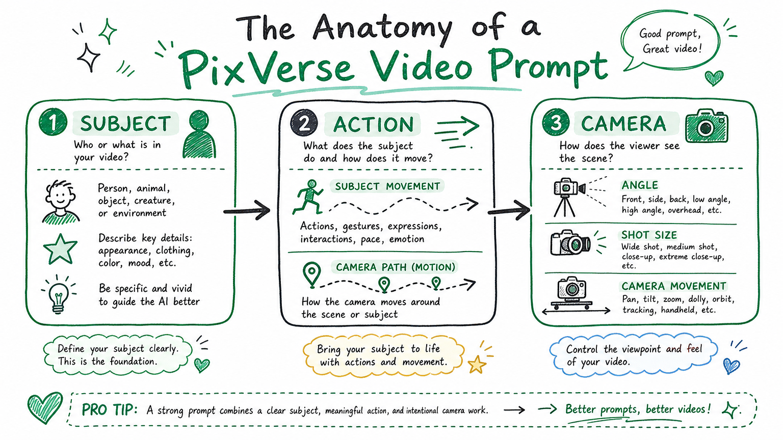 PixVerse prompt anatomy infographic with subject, action, and camera