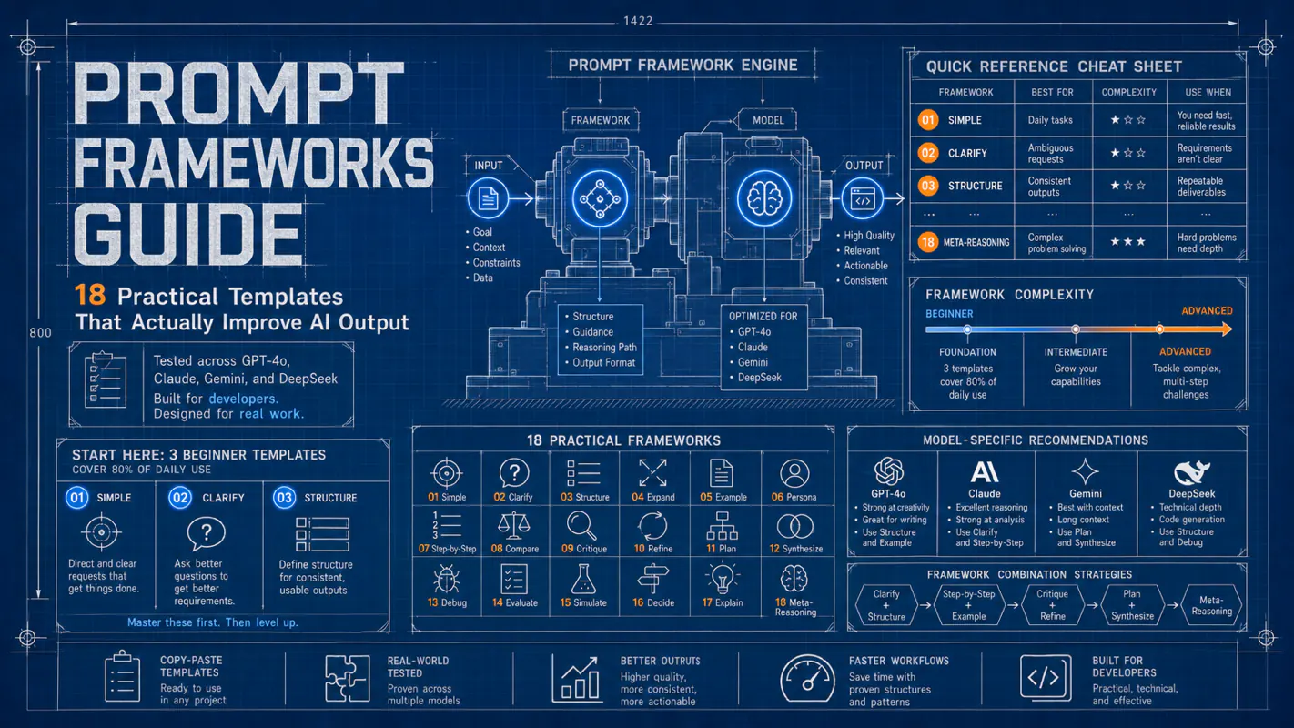Prompt Frameworks Guide: 18 Practical Templates That Actually Improve AI Output technical illustration for AI Workflow Pro readers