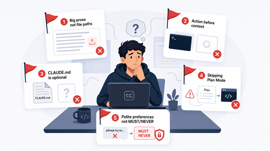 Product illustration of common beginner prompting pitfalls that flatten the agent into a chatbot.