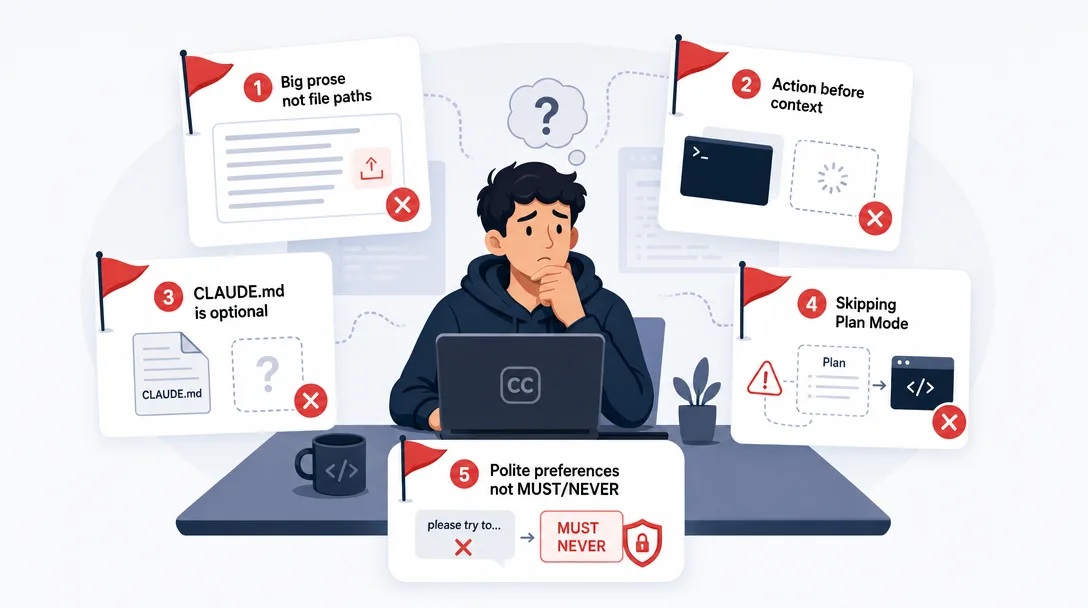 Product illustration of common beginner prompting pitfalls that flatten the agent into a chatbot.