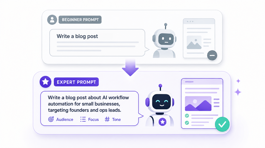 Product illustration of beginner versus expert prompt pairs side by side, showing the upgrade path.