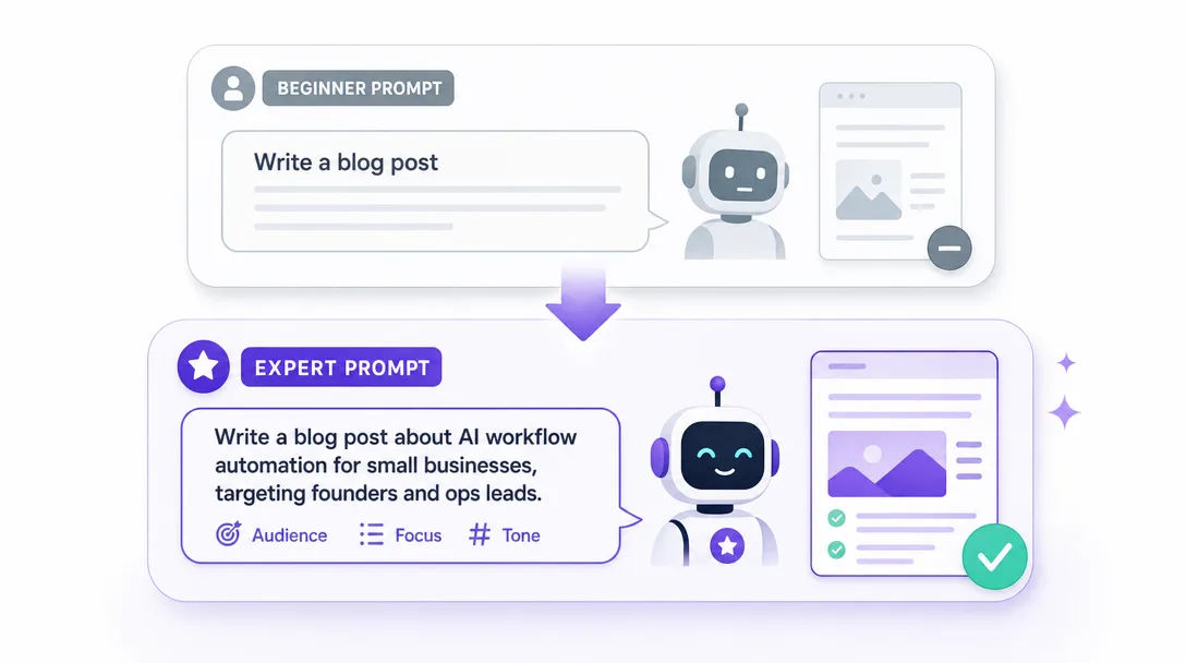 Product illustration of beginner versus expert prompt pairs side by side, showing the upgrade path.