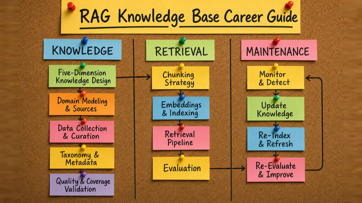 RAG knowledge base career roadmap on a sticky-note Kanban board