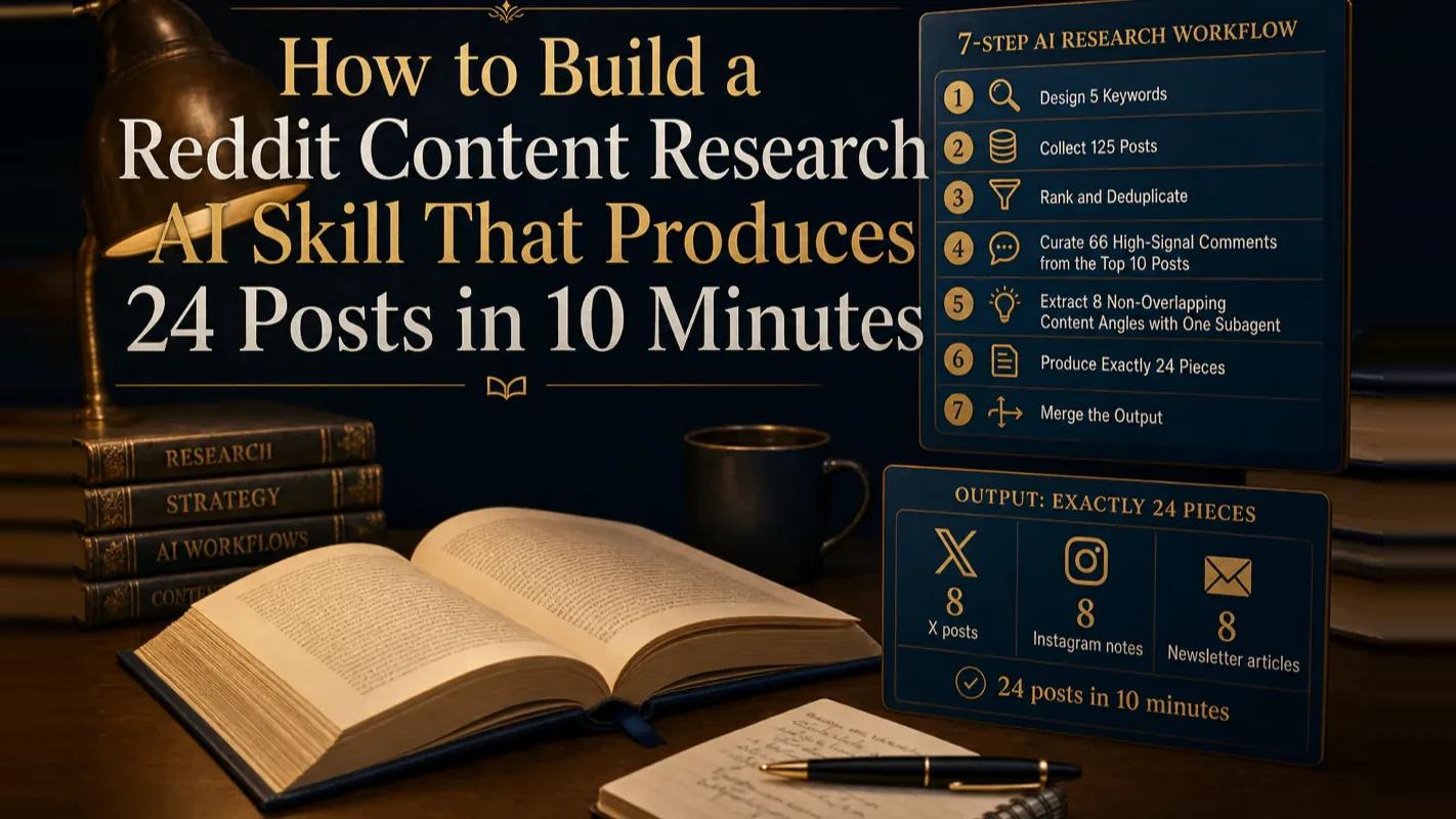 Reddit content research AI workflow with seven steps and 24 outputs