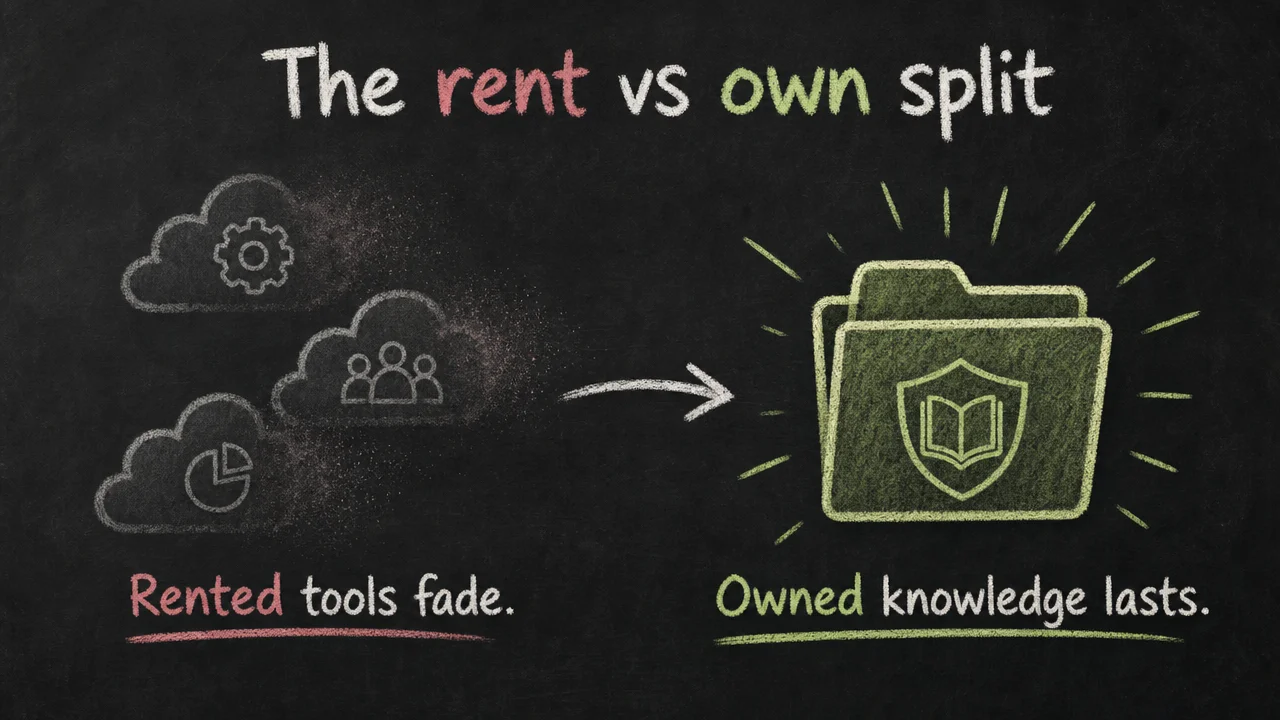 Sparse chalkboard-style diagram of rented AI tools versus an owned knowledge base folder on disk
