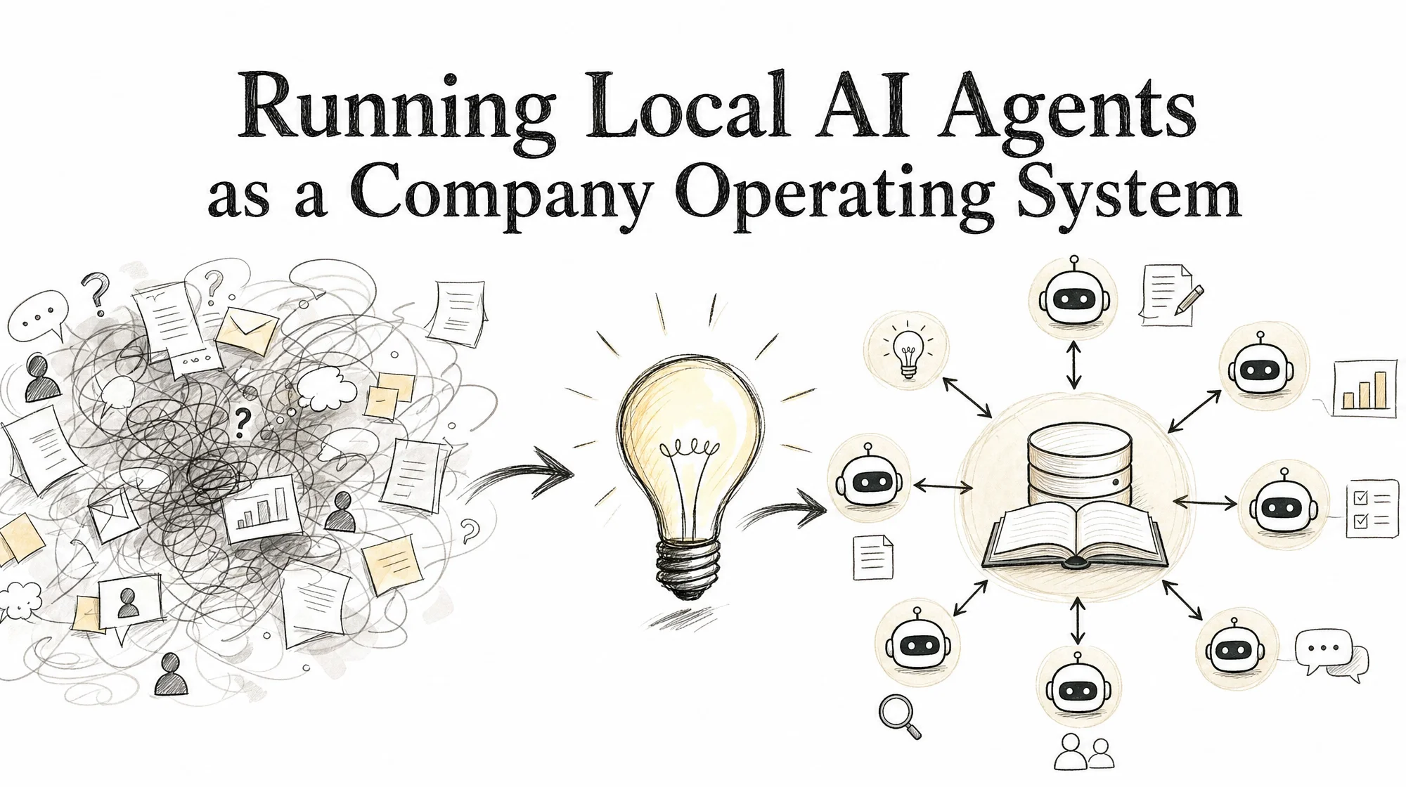 Diagram-style cover for running local AI agents as a company operating system with a knowledge base at the center