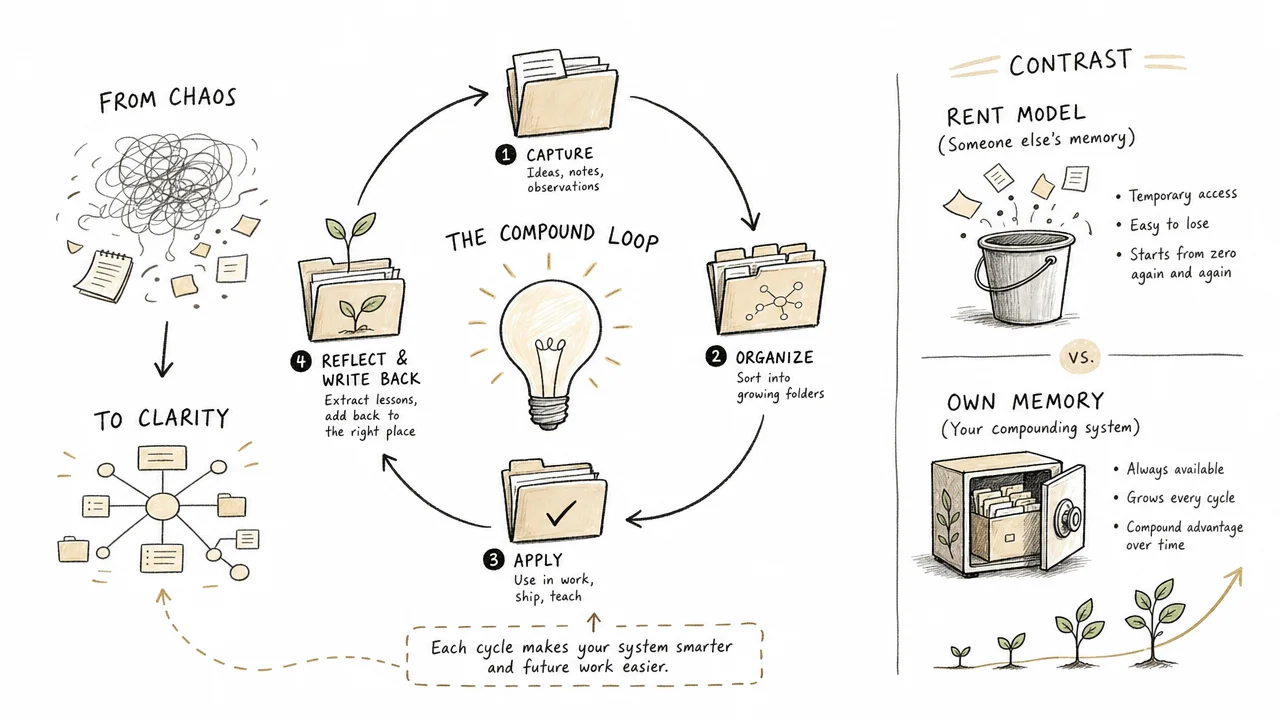 Compound write-back loop from finished agent work into the knowledge base
