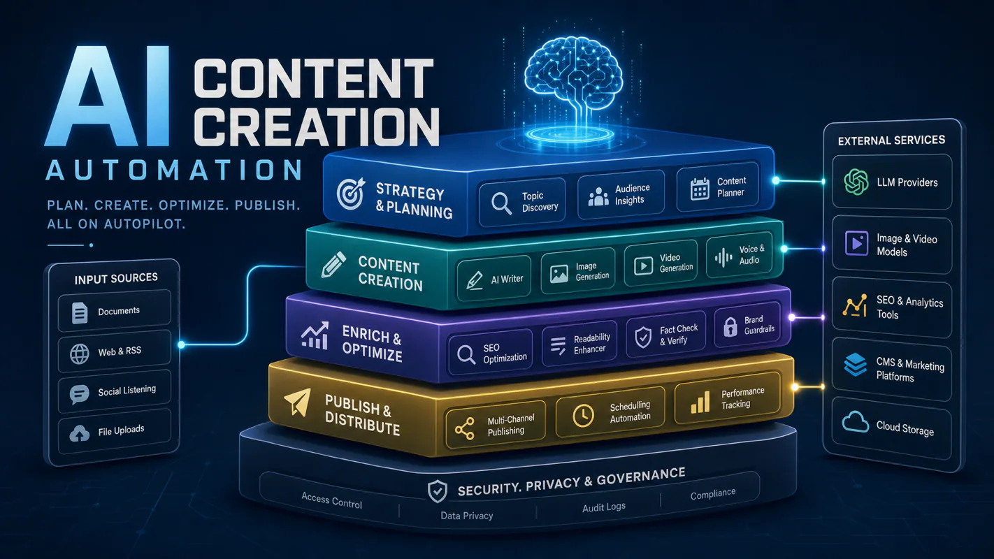 AI Content Creation Automation: The 5-Layer System I Built to Run 4 Platforms Solo technical illustration for AI Workflow Pro readers