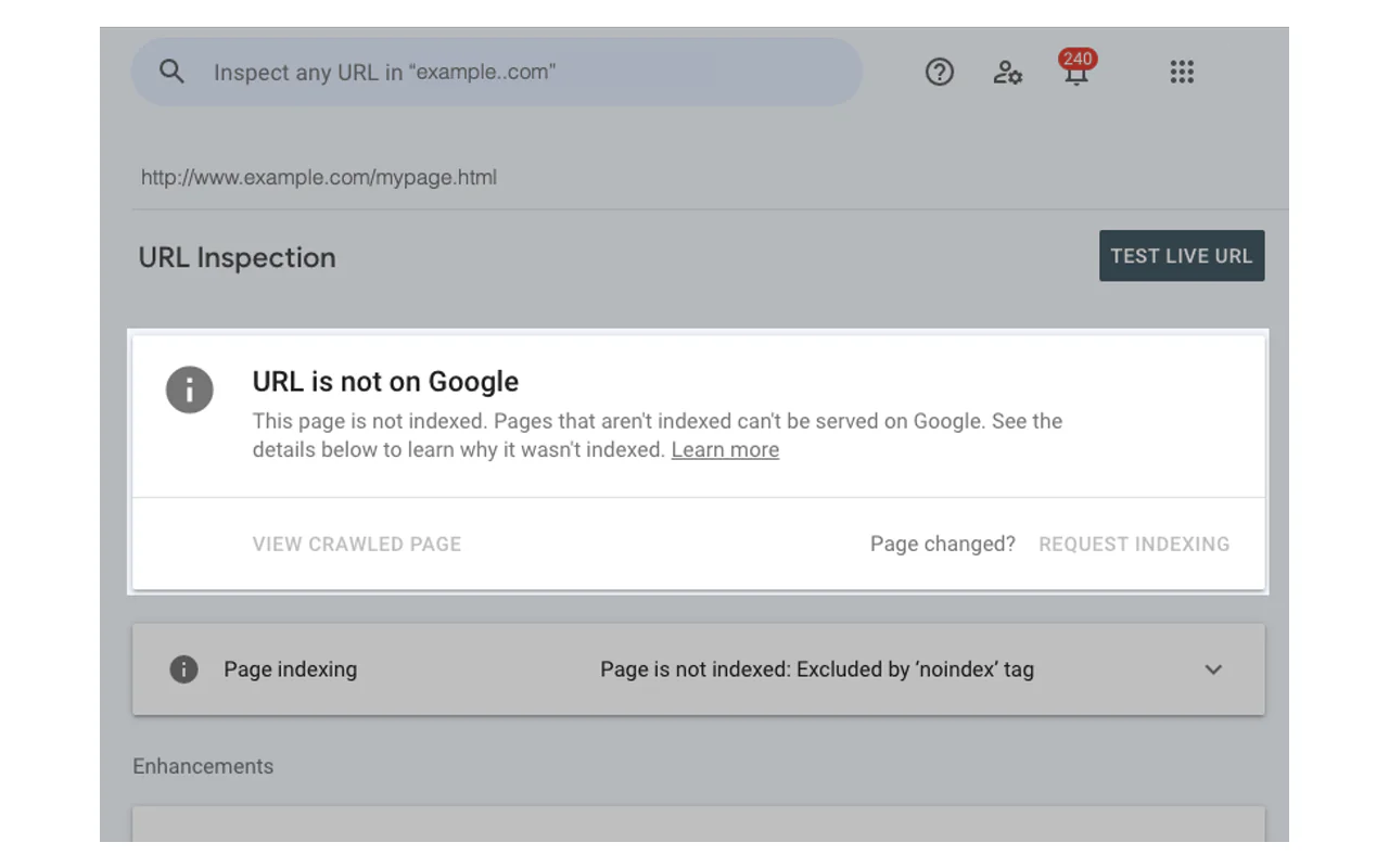 Google Search Console URL Inspection showing a noindex exclusion