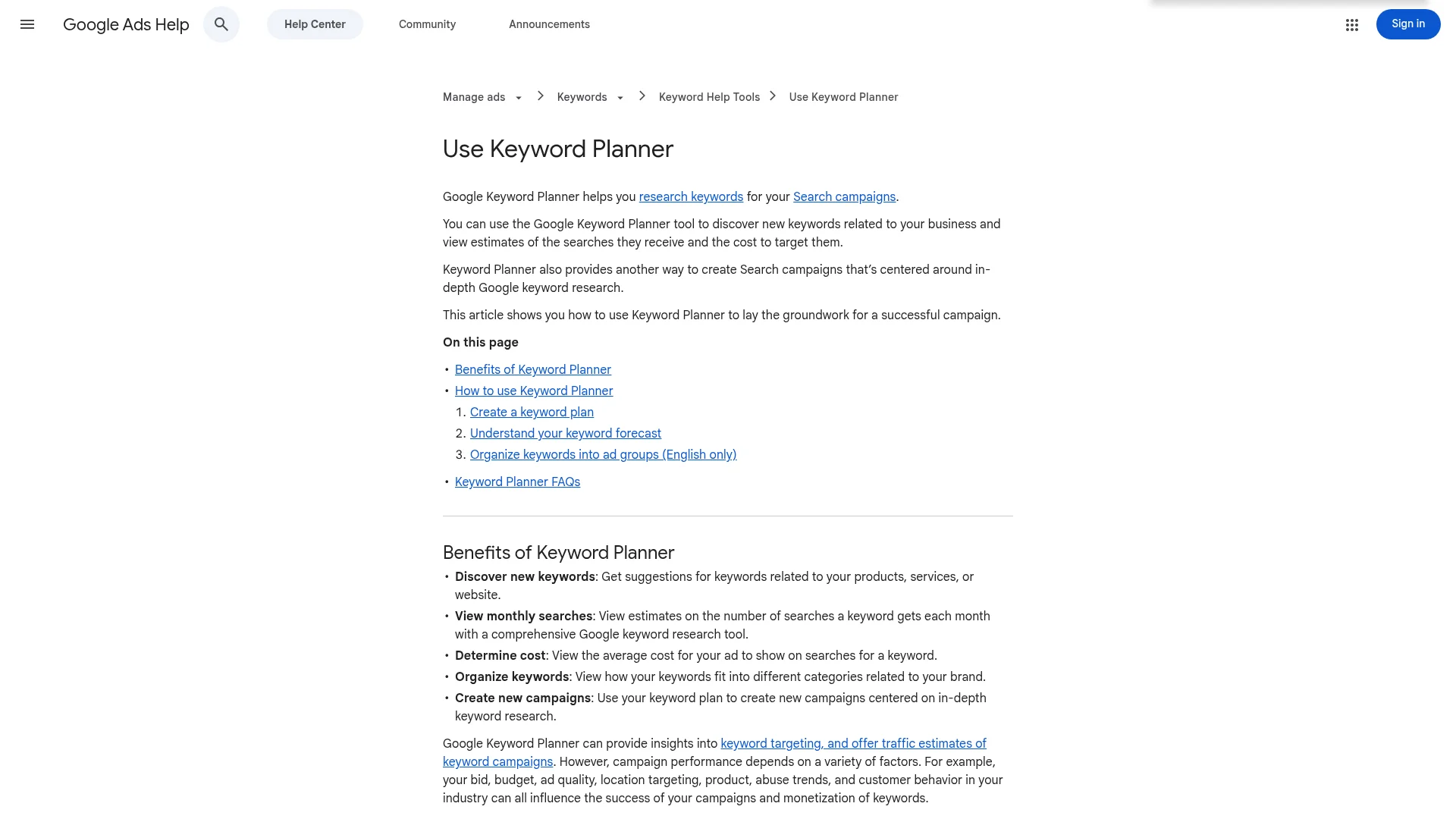 Google Keyword Planner guide for keyword research and search forecasts