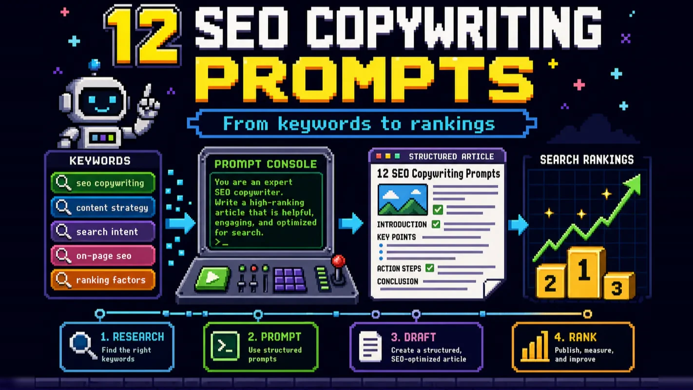 Pixel art SEO prompt system moving from keyword research to ranked content