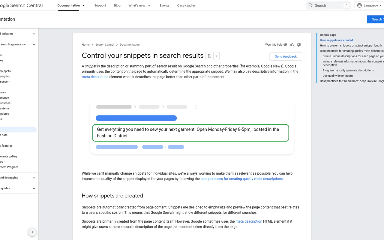 Google Search Central guide to snippets and meta descriptions