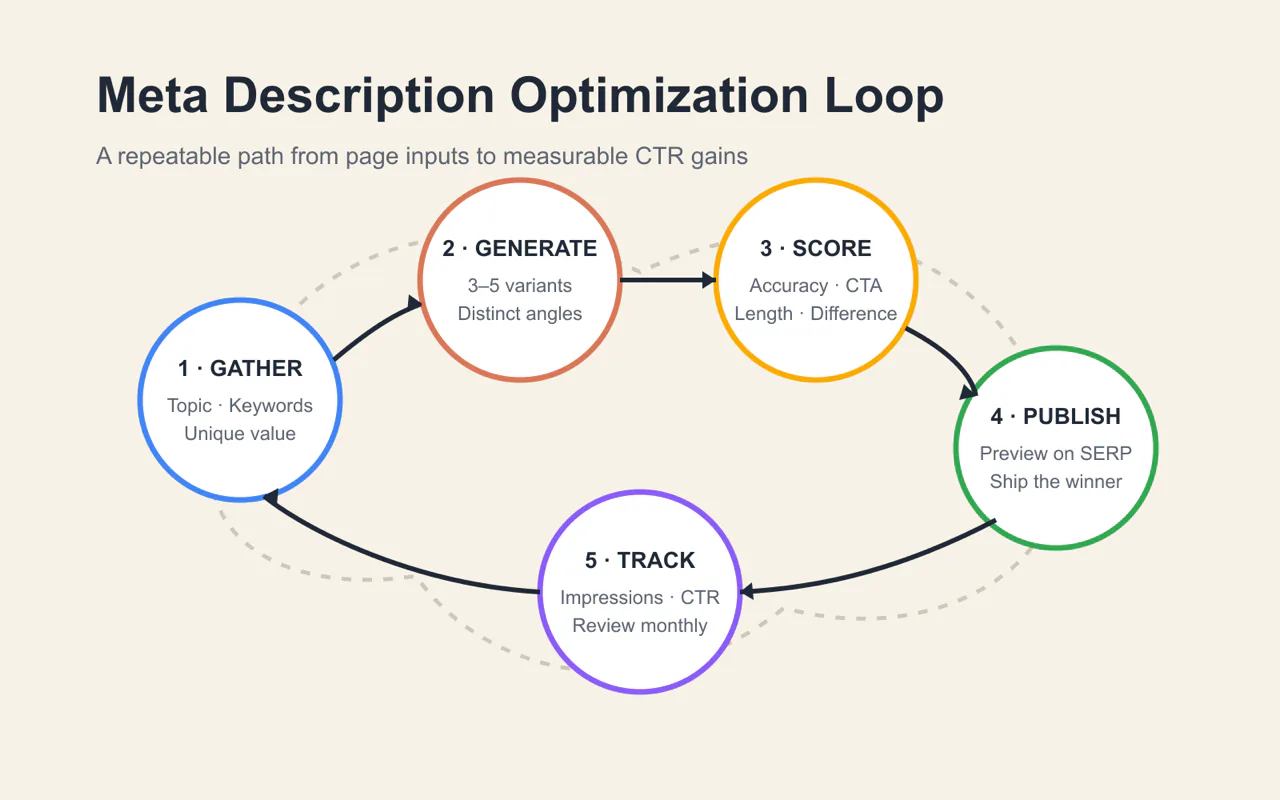 Five-step meta description optimization and CTR tracking loop