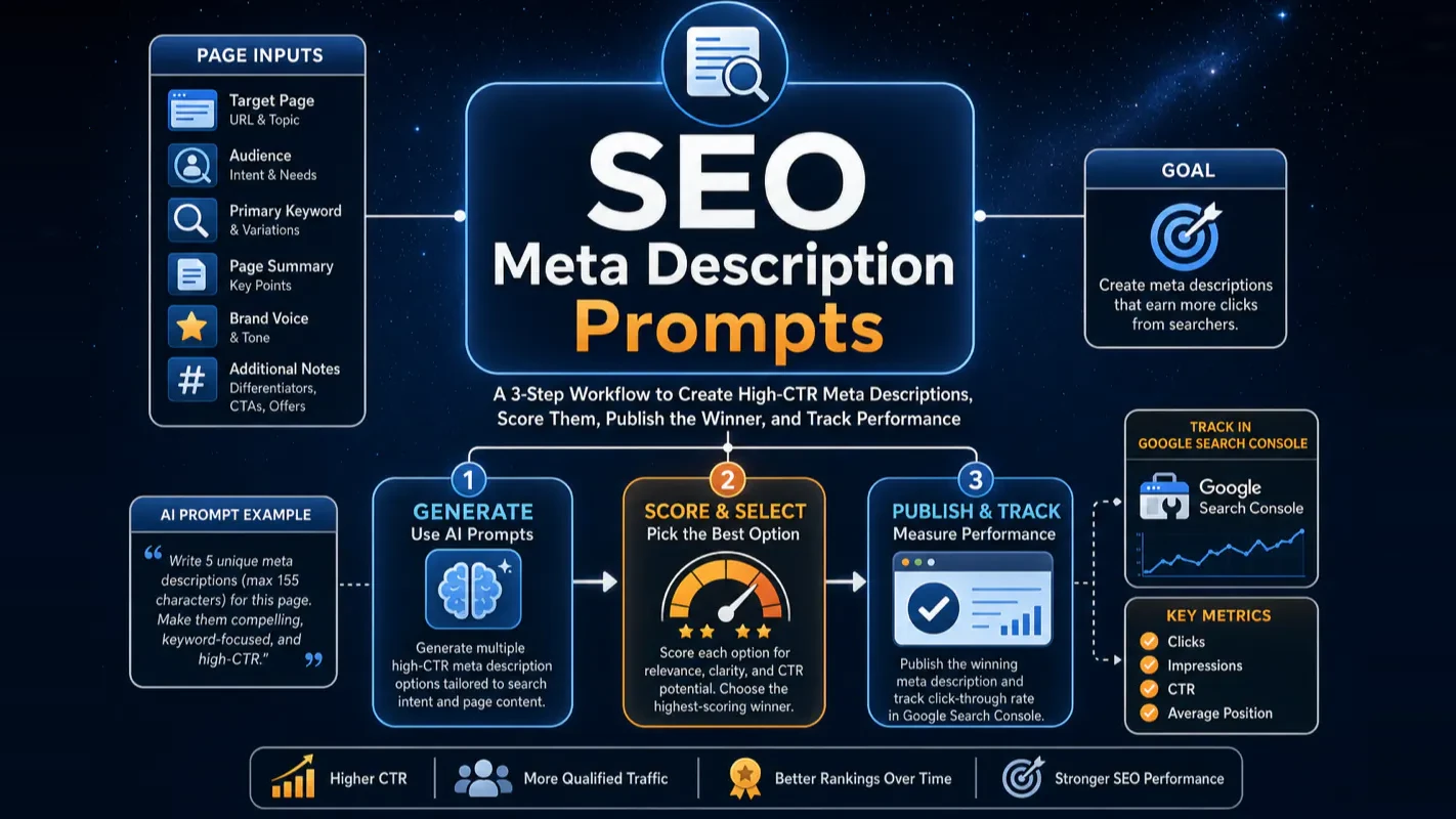 SEO meta description prompt workflow from inputs to scoring and CTR tracking
