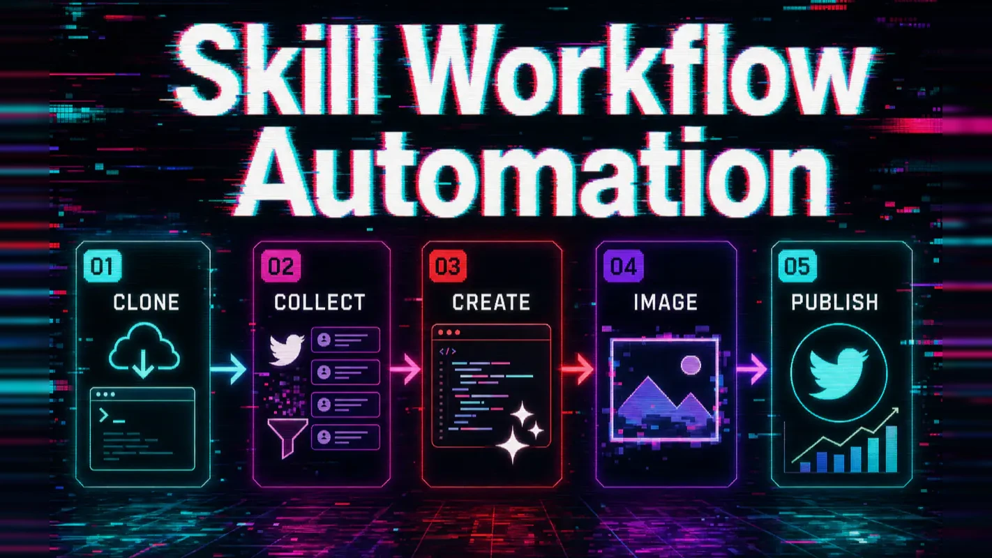 Glitch-style workflow linking five Claude Code skills into a Twitter pipeline