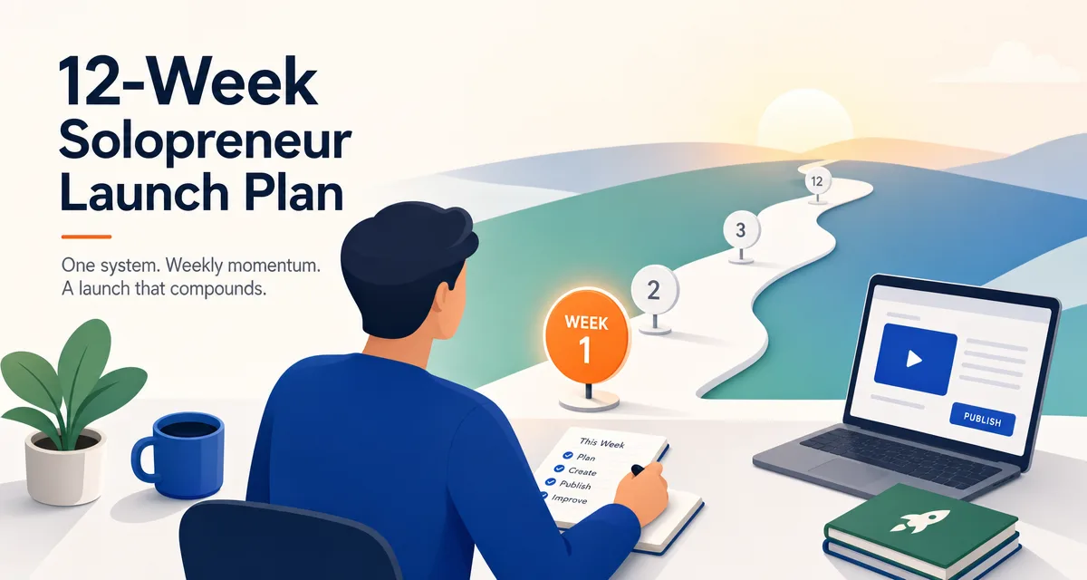 12-week launch plan for solopreneurs cover with a founder preparing to publish weekly under a calm horizon