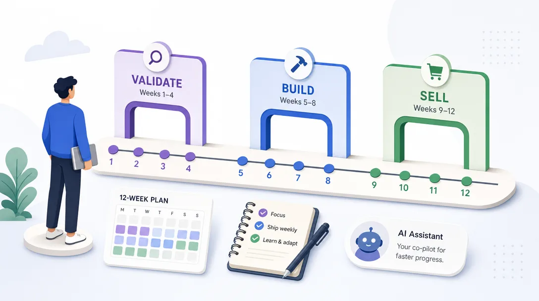 12-week solopreneur launch path through three gates: validate, build, sell, with twelve weekly checkpoints