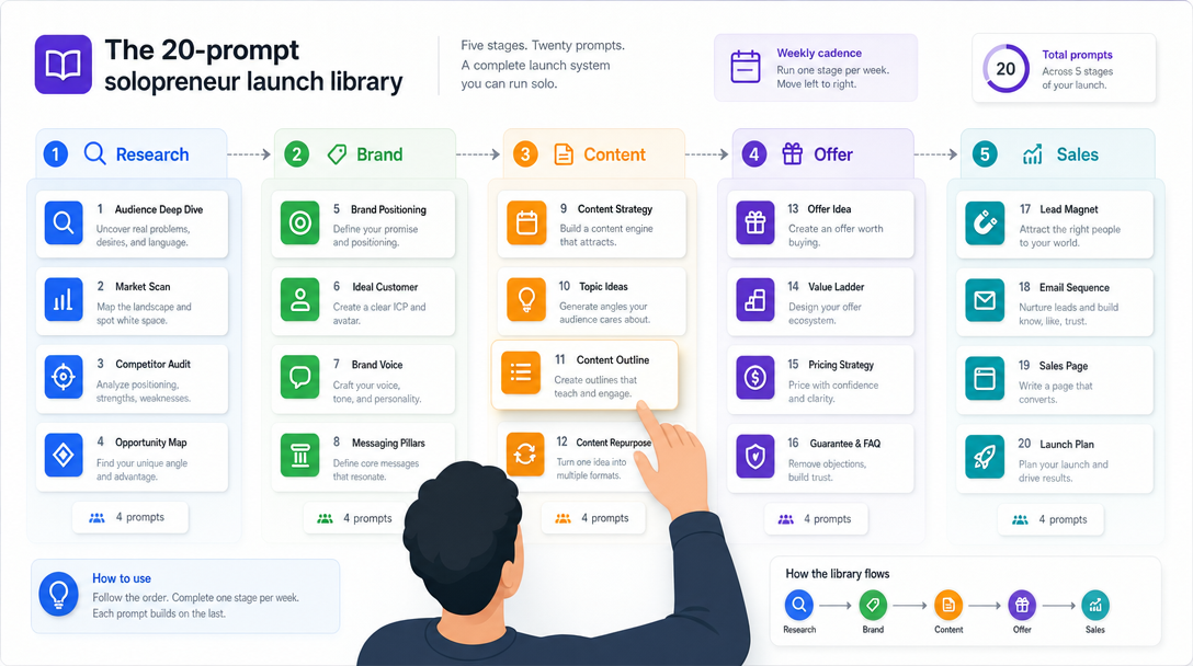 Solopreneur prompt library as five organized groups with twenty cards across research brand content offer sales