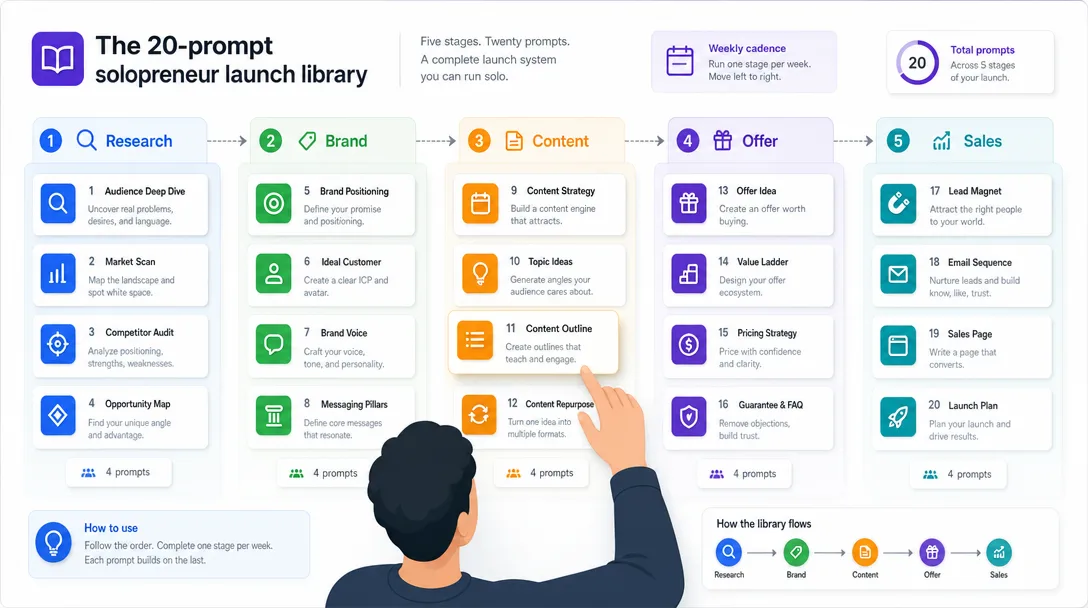 Solopreneur prompt library as five organized groups with twenty cards across research brand content offer sales