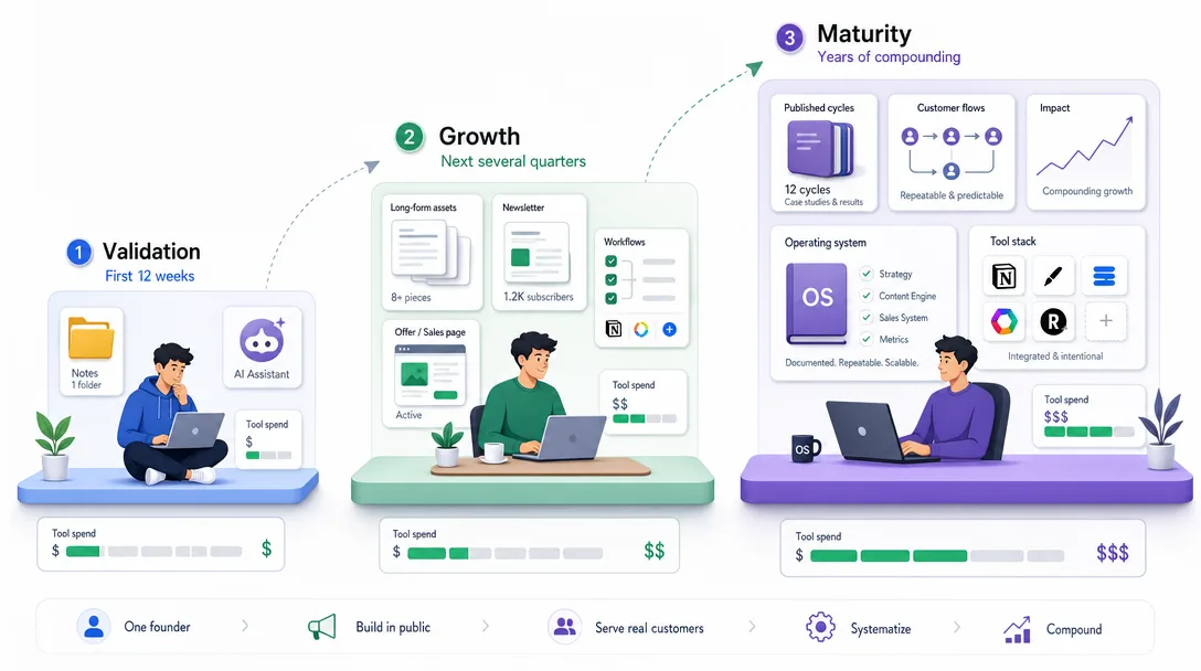 Three solopreneur stages from validation to growth to maturity with rising tool spend