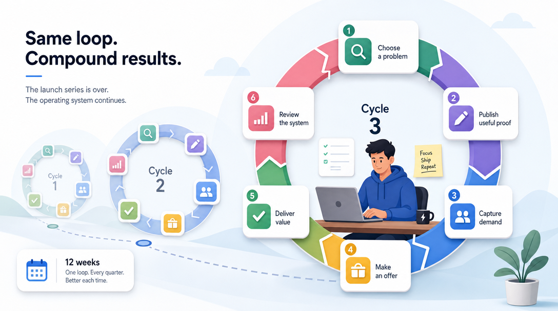 Repeating 12-week solopreneur operating loop with six steps compounding across cycles