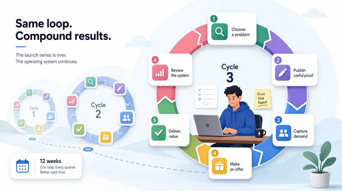 Repeating 12-week solopreneur operating loop with six steps compounding across cycles