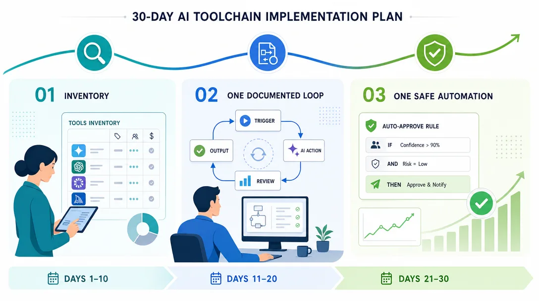 Editorial data visualization of a 30-day AI toolchain rollout moving from inventory to one safe automation.