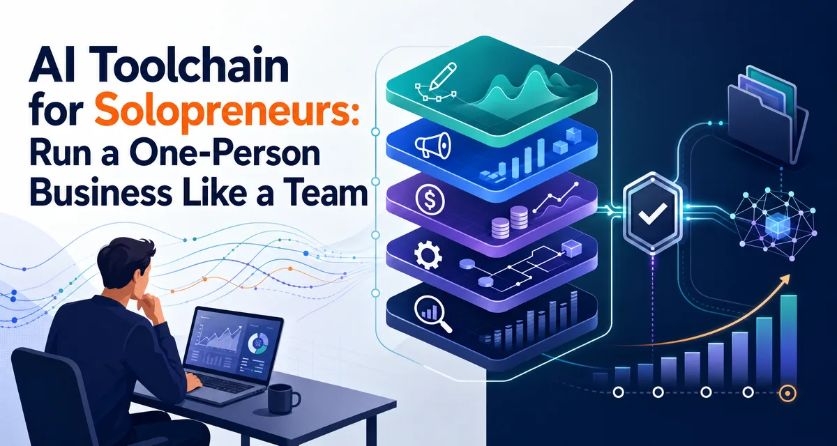 Editorial cover about building an AI toolchain operating system for a one-person business.
