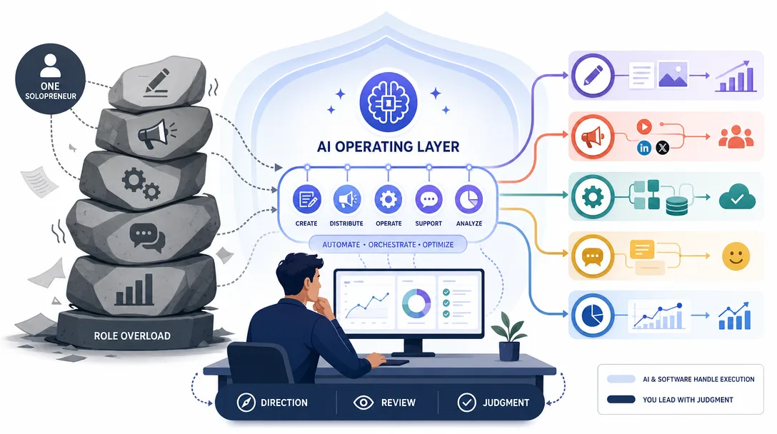 Editorial data visualization showing a solopreneur supported by an AI operating system instead of seven separate roles.