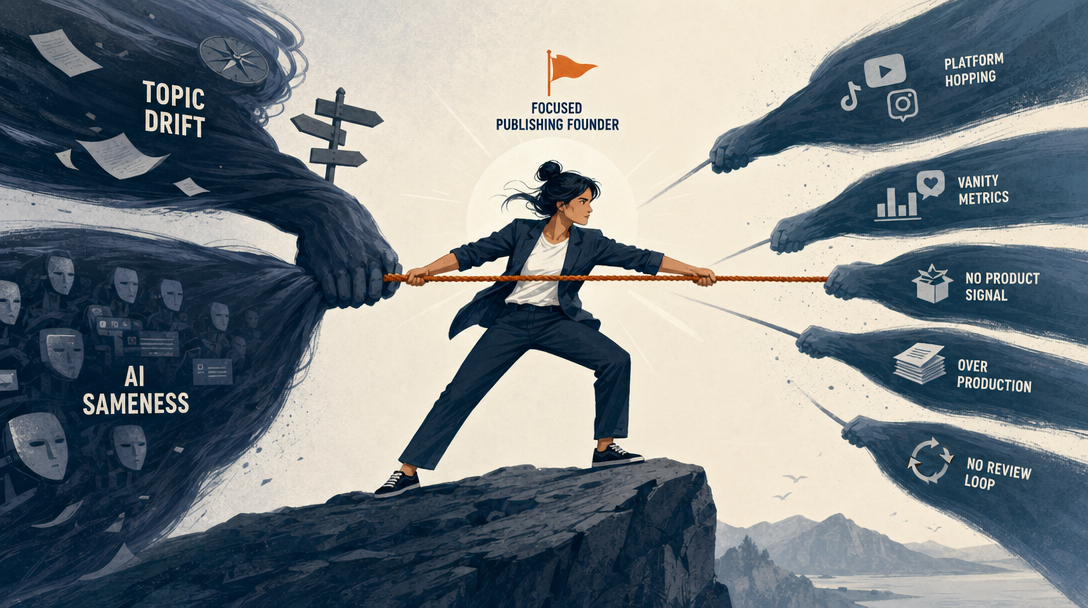 Editorial illustration of content engine failure modes pulling against a focused founder.