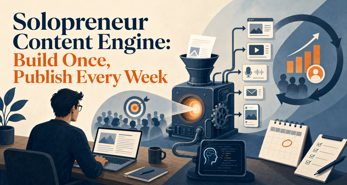 Editorial cover about building a solopreneur content engine from one clear point of view.
