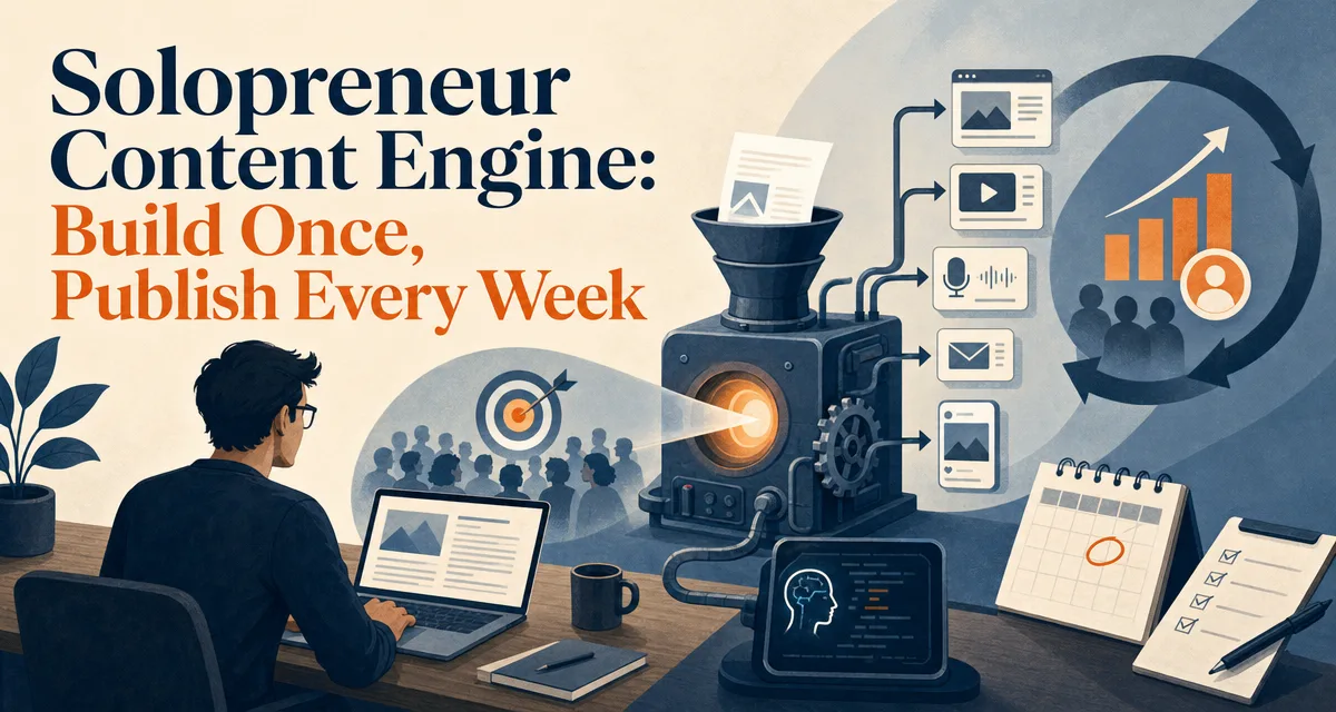Editorial cover about building a solopreneur content engine from one clear point of view.