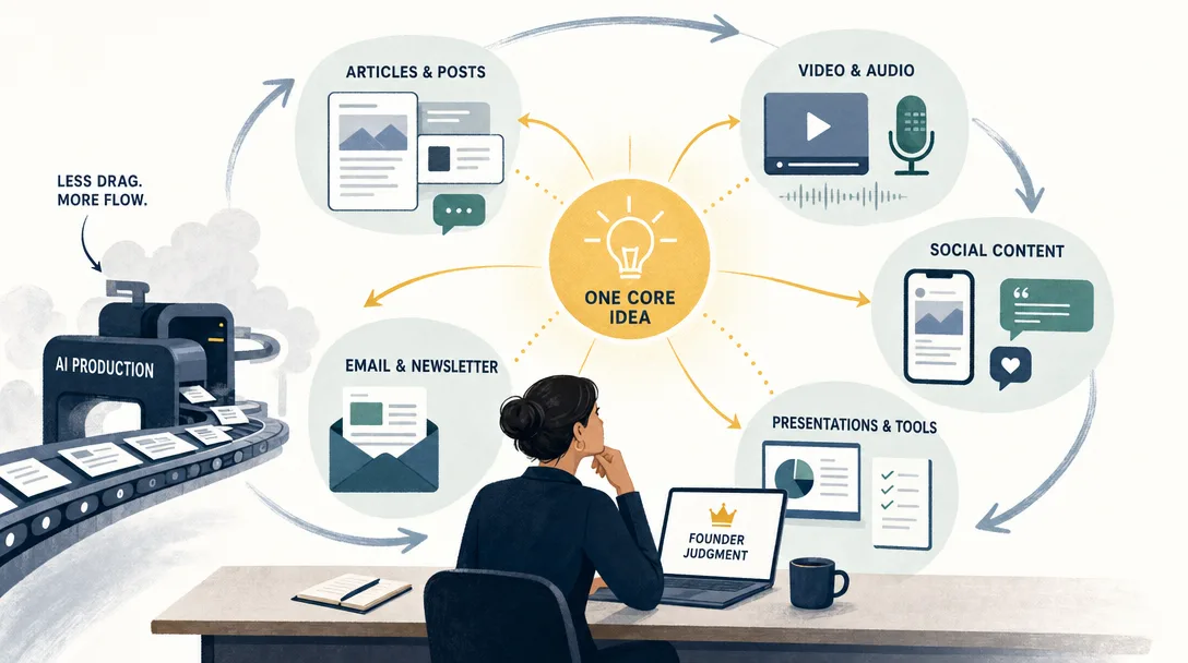 Editorial illustration of one core idea becoming grouped repurposed content outputs.