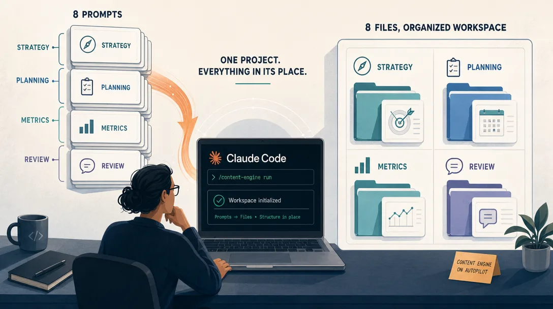 Editorial illustration of a Claude Code project turning prompts into organized workspace files.