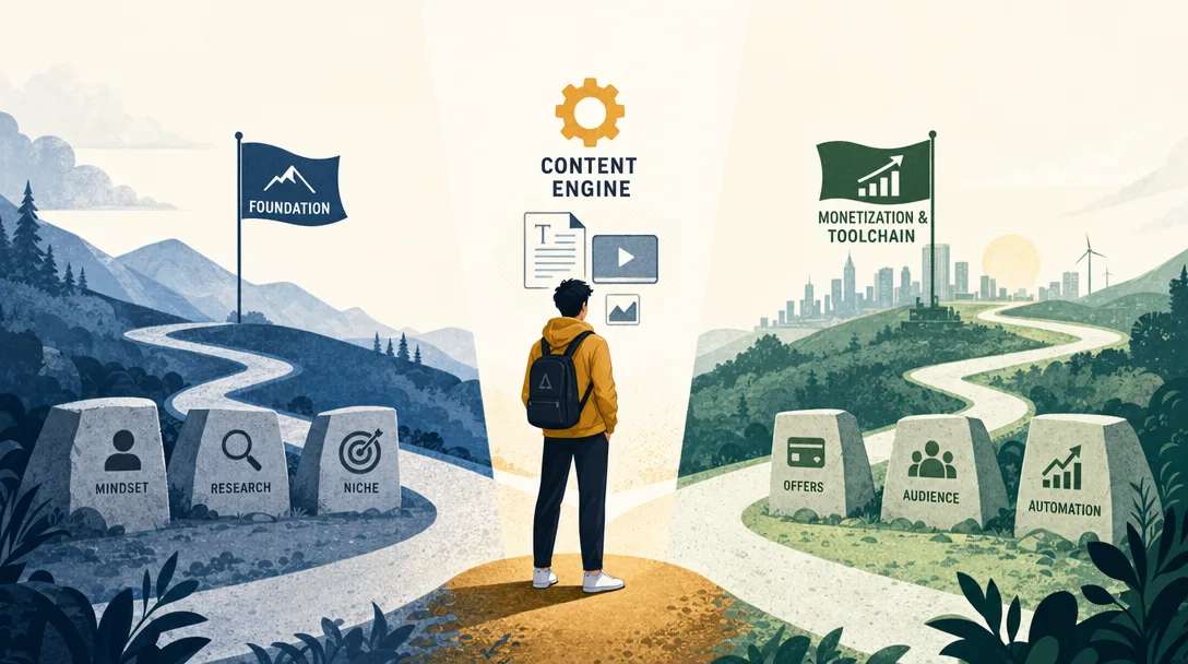 Editorial illustration of the content engine as the middle point in a solopreneur series.