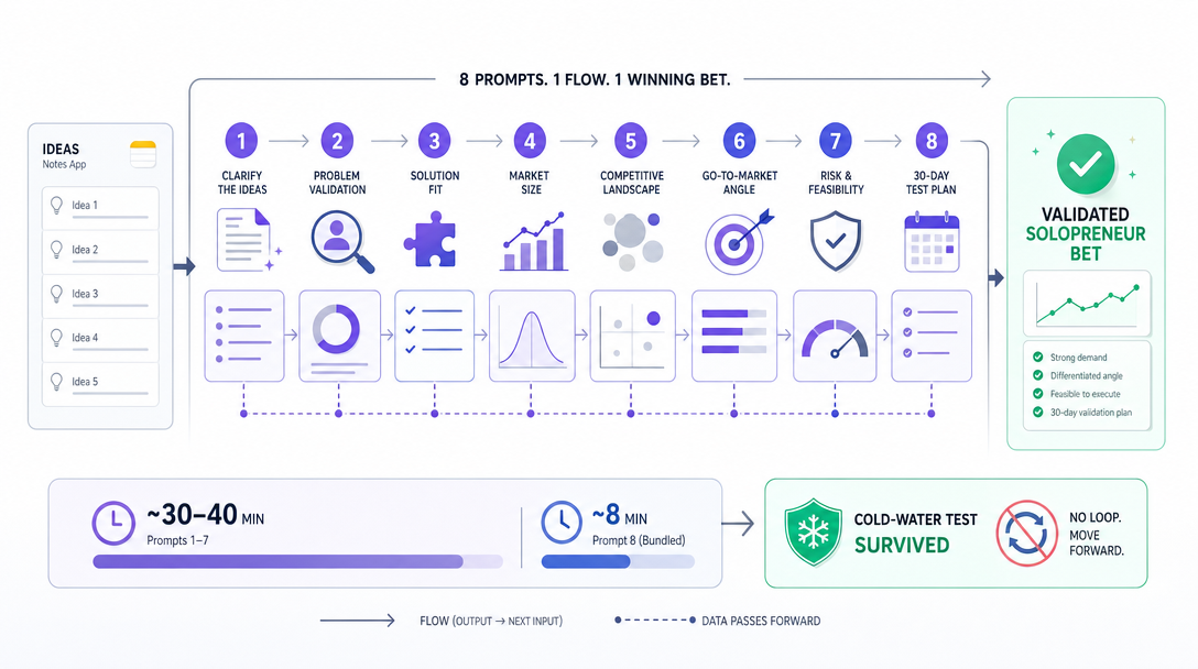 Editorial illustration of an eight-prompt Claude Code chain converging on one validated solopreneur bet.