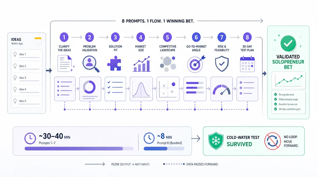 Editorial illustration of an eight-prompt Claude Code chain converging on one validated solopreneur bet.