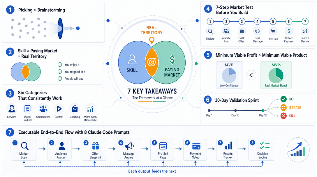 Editorial illustration summarizing the seven core takeaways of the solopreneur picking framework.