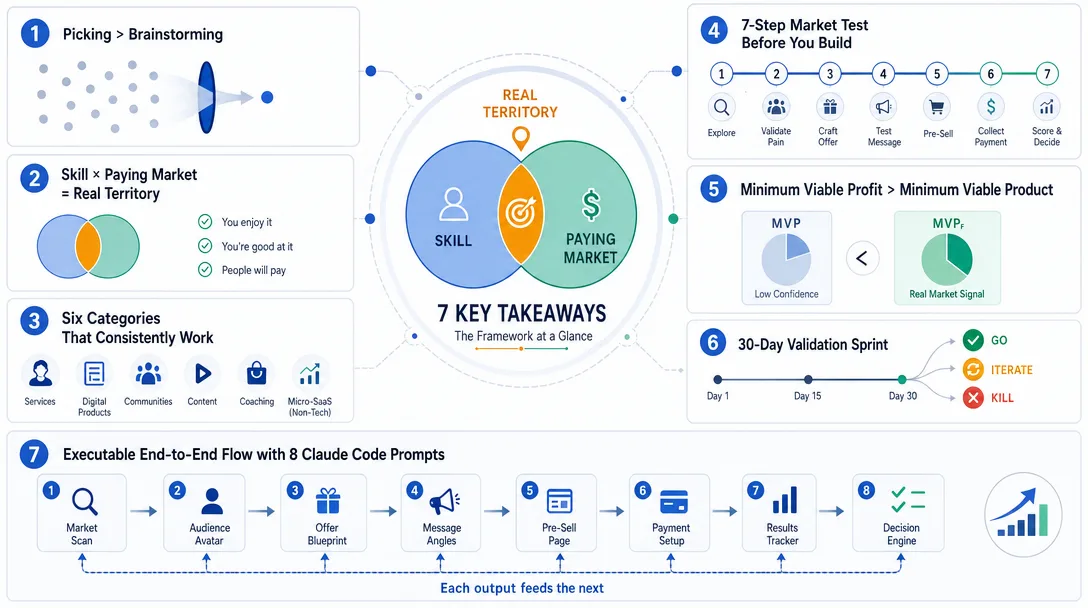 Editorial illustration summarizing the seven core takeaways of the solopreneur picking framework.