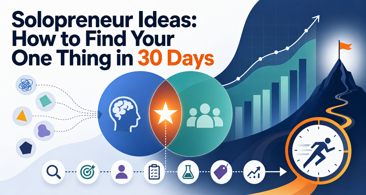 Editorial cover showing a solopreneur narrowing several ideas into one testable business direction.
