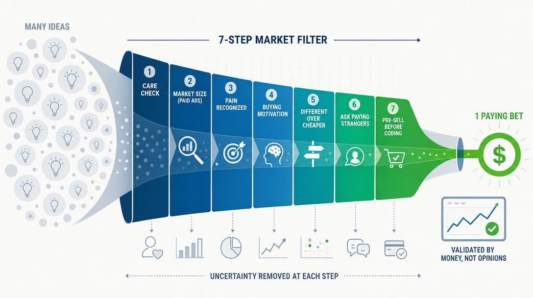 Editorial illustration of a seven-step market test filtering solopreneur ideas down to one paying bet.