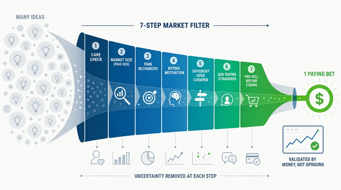 Editorial illustration of a seven-step market test filtering solopreneur ideas down to one paying bet.