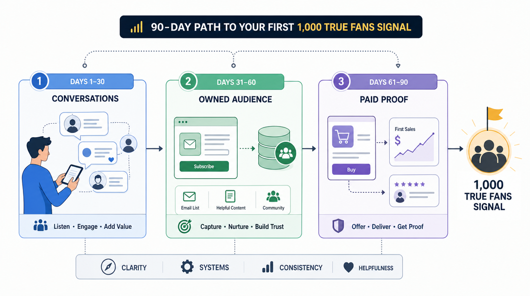 Editorial illustration of a 90-day path from conversations to subscribers to first paid proof.