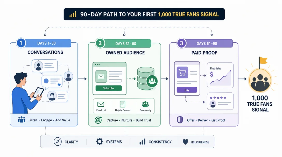 Editorial illustration of a 90-day path from conversations to subscribers to first paid proof.