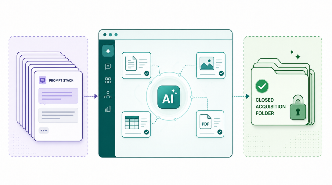 Editorial illustration of AI turning grouped acquisition prompts into organized campaign files.