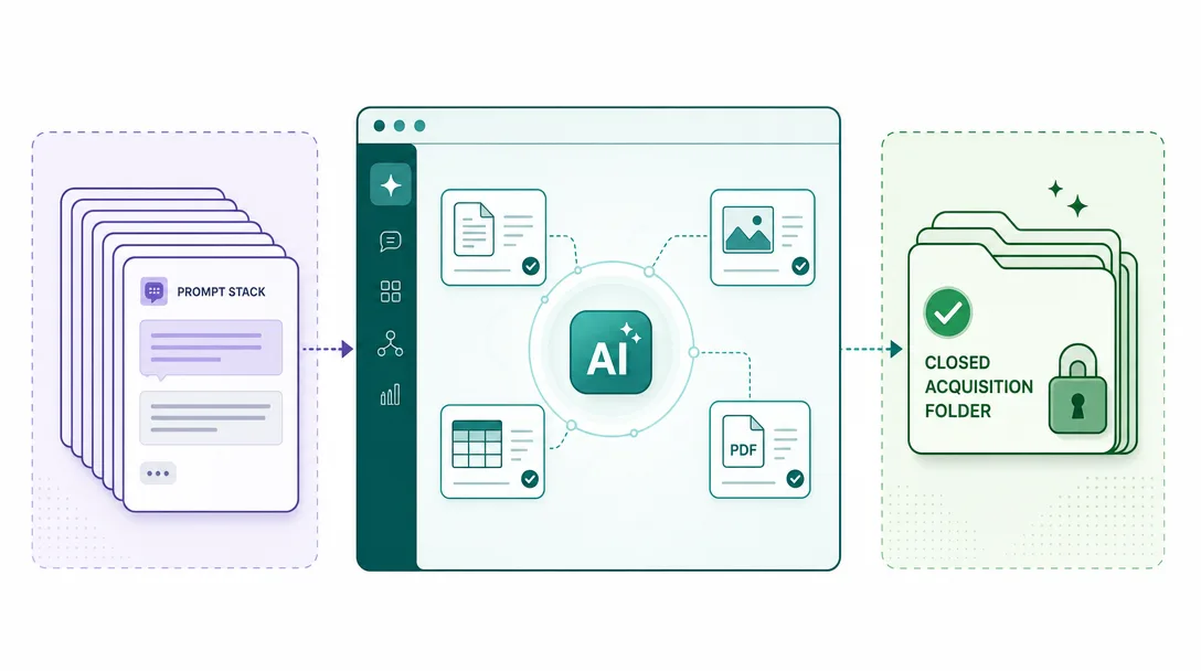 Editorial illustration of AI turning grouped acquisition prompts into organized campaign files.