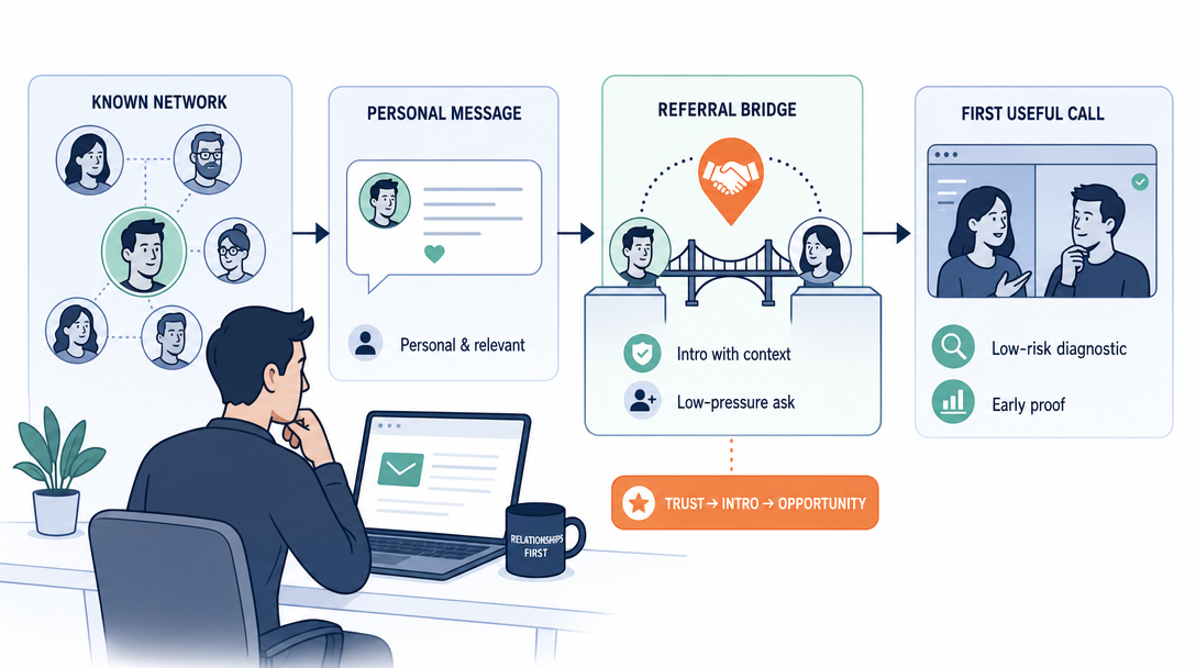 Editorial illustration of warm outreach turning existing trust into useful referrals.