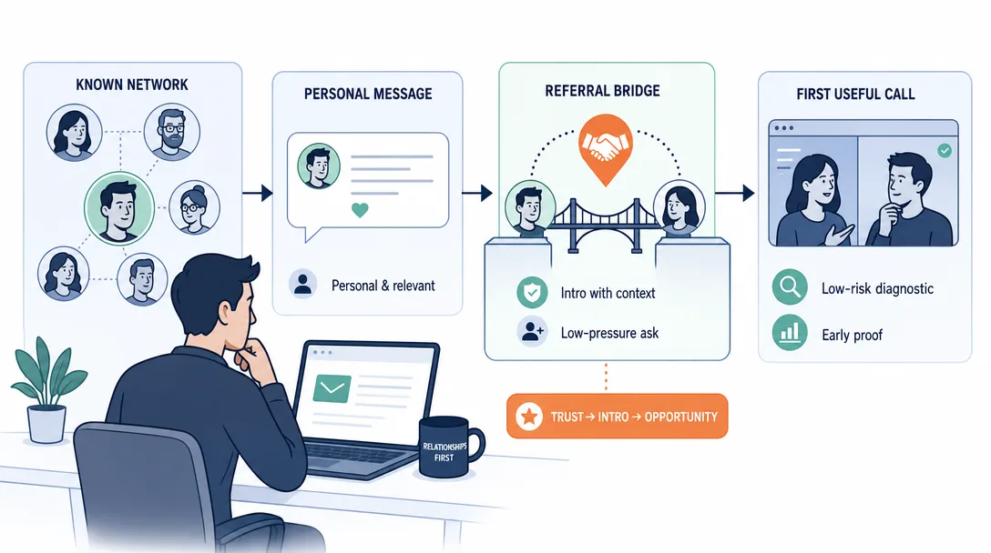 Editorial illustration of warm outreach turning existing trust into useful referrals.
